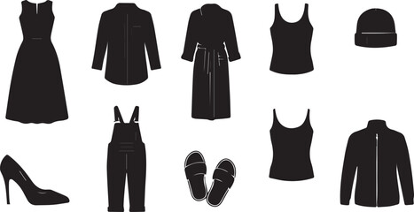 Assortment of Black Silhouettes of Women's Apparel and Footwear dress shirt
