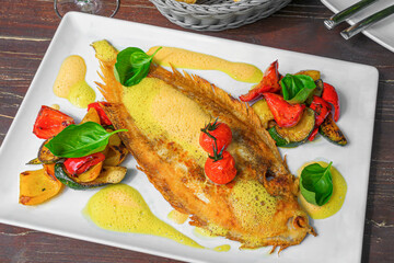 seafood, grilled sole on tender grilled vegetables, refined with a light passion fruit foam
