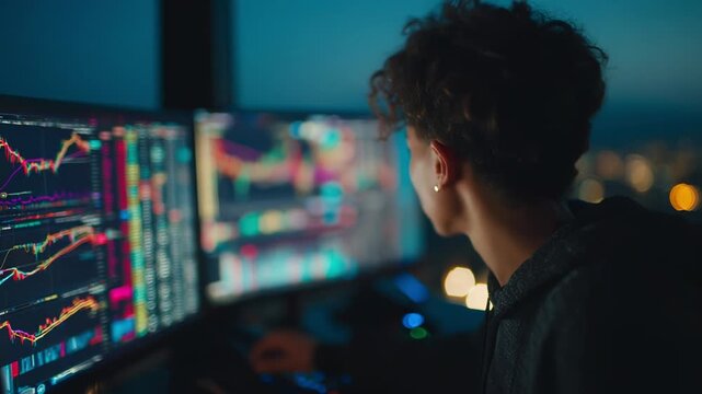 In a bustling city, a dedicated trader focuses intently on multiple screens displaying vibrant market data. The nighttime skyline glimmers through the window, creating an energetic atmosphere.
