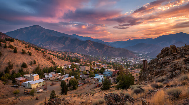 A sunset view of a tranquil mining town nestled in between mountains