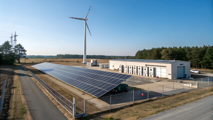 Naklejka premium Solar panels installed on flat commercial rooftop under clear blue sky, symbolizing renewable energy solutions and sustainability, ideal for green business and eco-friendly campaigns