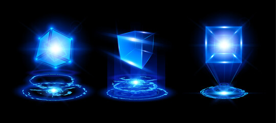 Energy glow round virtual neon cube projection vector designs set, shiny blue circle from and 3D square shape, high tech