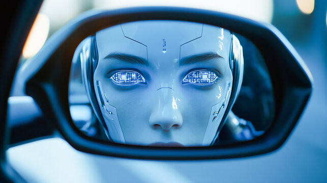 A robot face reflected in a car's rearview mirror, symbolizing autonomous driving and the future of robotaxi services