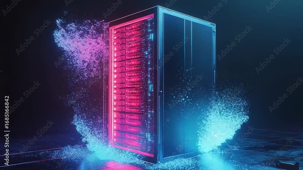 Poster server rack data center hosting big data with futuristic digitalization effects