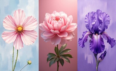 Vivid purple irises with smooth petals and subtle vein patterns stand tall against a softly blurred background, evoking a sense of serene beauty and quiet elegance.