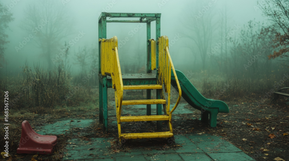 Poster halloween, fog enveloping an empty children's playground, creating a serene and haunting atmosphere 