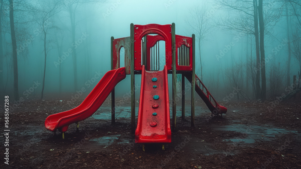 Poster halloween, fog drifts through an empty playground, creating a mysterious and atmospheric scene.