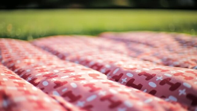 Pink Exercise Mat with Dumbbell and Cross Pattern Lying on Green Grass Outdoors