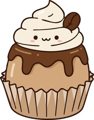 Cute coffee cupcake cartoon illustration. Kawaii style, with coffee bean decoration. Sweet dessert design element, isolated on white