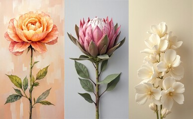 Delicate white blossoms with a soft, matte texture emerge from a slender stem, forming a repeating floral pattern against a plain, light background.