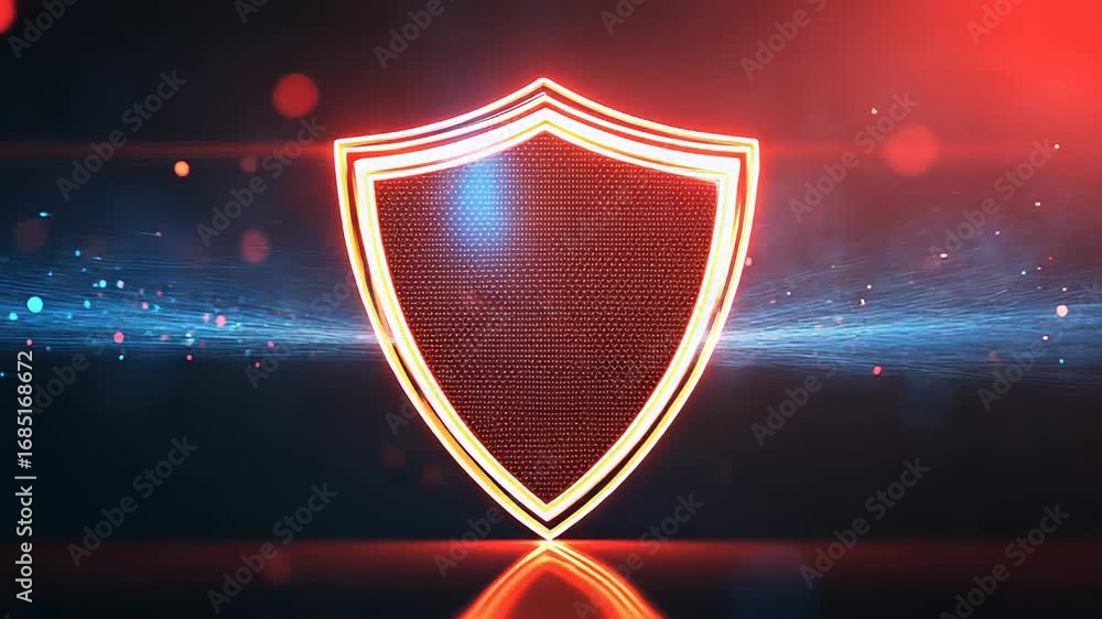 Poster glowing shield protecting data stream in cyberspace