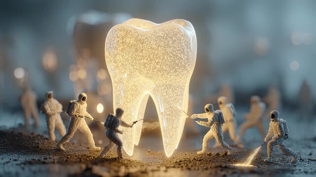 In a dreamlike world, tiny figures engage in an epic struggle around a luminescent tooth. The atmosphere blends whimsy with a sense of urgency, inviting viewers to explore the unknown.