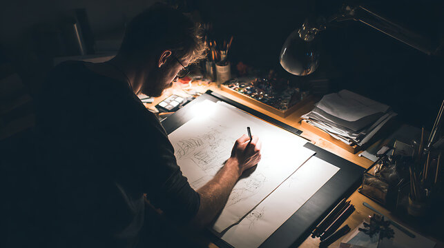 A graphic designer sketching drafts late at night for a freelance project (2)