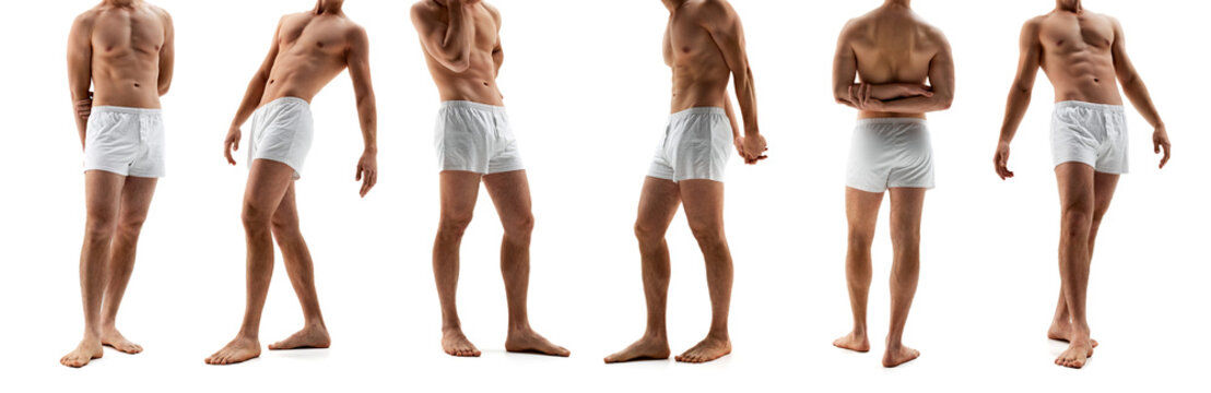 Collage of male model in white boxers with casual lifestyle poses. Concept of men underwear, catalog fashion, comfort, modern masculinity and branding.