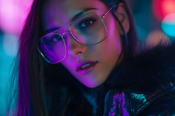 Cyberpunk neon portrait of a stylish woman 