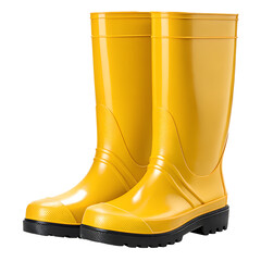 a pair of bright yellow rubber boots with black soles, standing upright on a transparent background 
