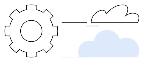 Gear beside outlined and filled clouds symbolizing cloud computing, technical systems, and optimization processes. Ideal for technology, innovation, cloud storage, software integration, industry
