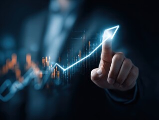 Investment strategy and financial success with professional analyzing digital stock data, an upward arrow, emphasizing risk management, trading insights, and economic performance for business growth