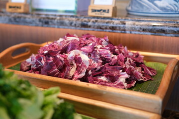 Chopped red cabbage, close-up. From above, overhead.