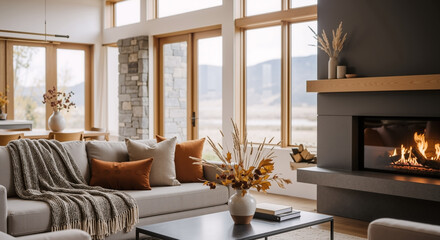 A spacious, modern living room is decorated with warm autumn tones, showcasing a lit fireplace, plush couch, and large windows that frame a beautiful outdoor landscape
