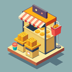 A small shop with a yellow awning and a red sign. The shop is selling donuts and other pastries