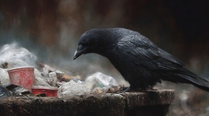 A black crow scavenges for food among a heap of discarded urban trash a poignant scene of wildlife adaptability in a polluted environment