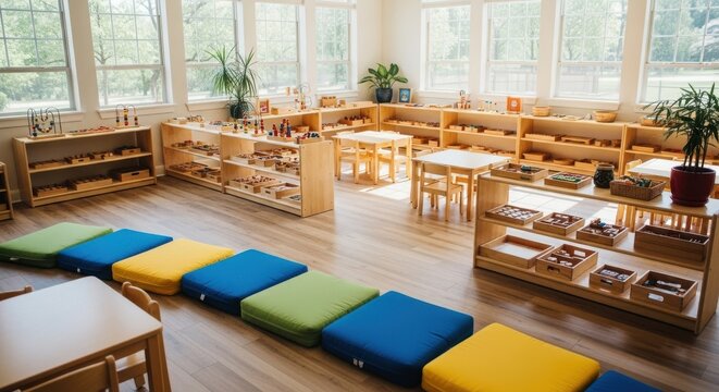 Photo of bright and spacious montessori classroom filled with wooden shelves, tables, and colorful cushions, creating an inviting and stimulating environment for early childhood education and learning