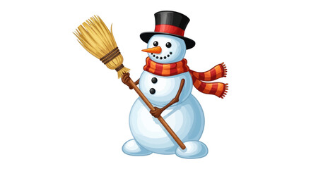 Cheerful cartoon snowman wearing a black top hat, red striped scarf, and holding a broom.