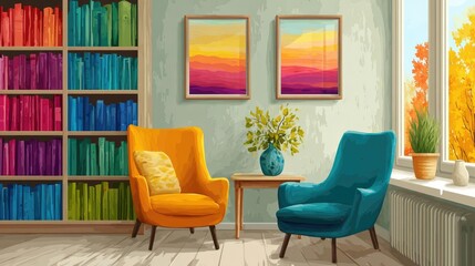 Scenic bookshelf background in home office concept. Cozy living room with colorful armchairs and vibrant bookshelf.