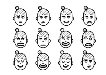 head of woman with different facial expressions set vector icons isolated

