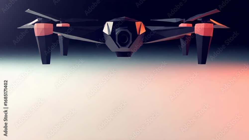 Poster Low poly drone hovering with extended landing gear and rotating propellers