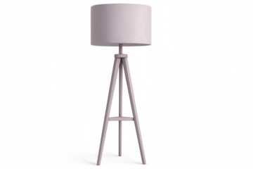Minimalist tripod floor lamp with large drum shade, standing on clean transparent surface, showcasing modern lighting design
