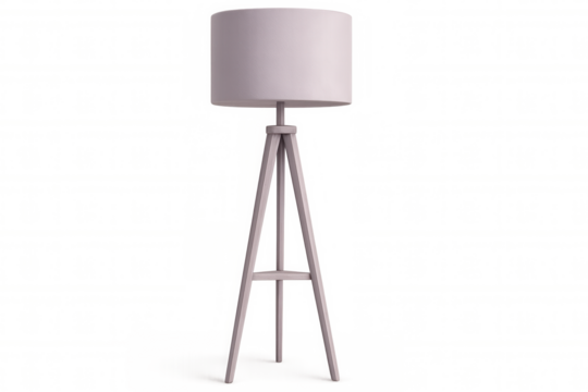 Minimalist tripod floor lamp with large drum shade, standing on clean transparent surface, showcasing modern lighting design