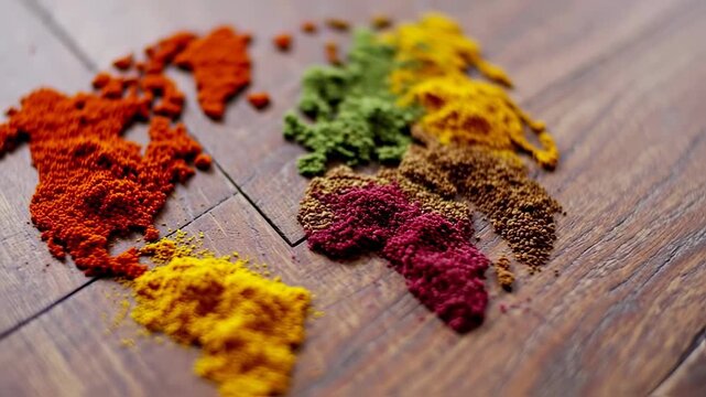 World Map made of Spices on Wooden Background with Food Concept.