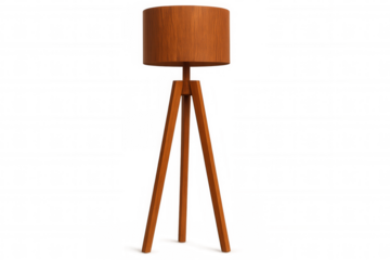 Stylish wooden floor lamp with tripod stand isolated on transparent background, perfect for interior design projects