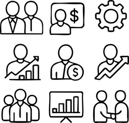 Doodle business icons: finance, growth, team, management, success concepts.