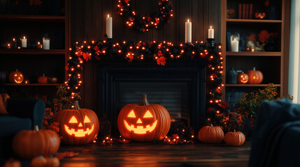 a cozy living room decorated for Halloween