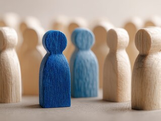 Leadership and Individuality in Business. A blue wooden figure stands apart from neutral-colored figures, symbolizing uniqueness, recruitment, diversity, and personal identity in a group setting.