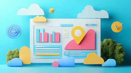 Location pin, charts, and clock symbolizing business strategy on light blue background - Powered by Adobe