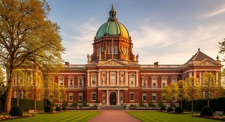 Majestic Imperial Building Architecture with Grand Dome and Lush Green Gardens