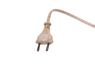 Worn, dirty white electrical plug and cable for power connection.