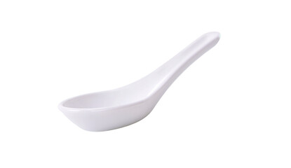 Elegant white ceramic soup spoon isolated on a dramatic black .