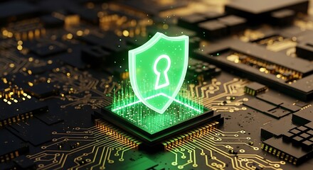 A glowing green shield with a keyhole symbol, symbolizing digital security and data protection, placed on a futuristic circuit board with vibrant neon lights