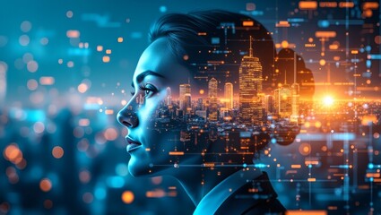 A captivating image of a woman, with a city landscape overlayed on her face, representing futuristic thoughts and innovation.