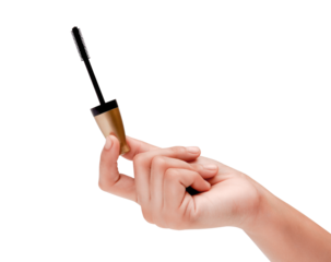 Female hand holding a mascara wand, essential for beautiful eye makeup.