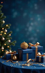 Still life with gift boxes and festive decor, blue and golden colors