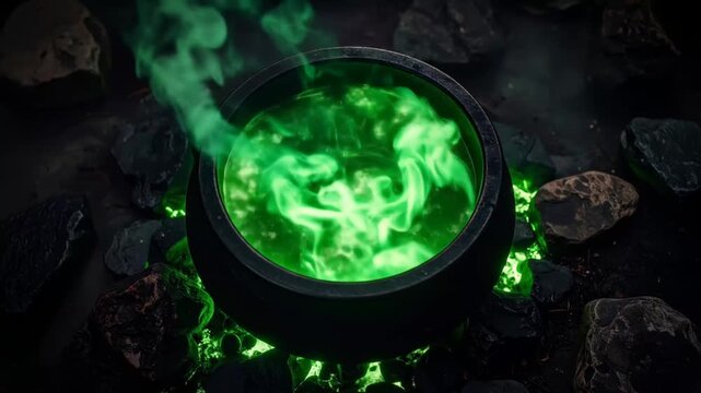 Bubbling Green Potion in Cauldron with Smoke and Glowing Rocks