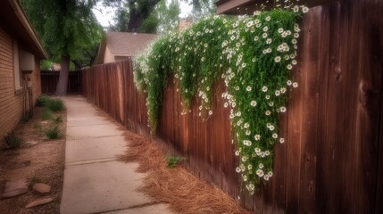 Fototapeta premium Flowering vines cascading over wooden fence residential area photography suburban environment close-up view nature's beauty