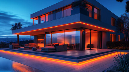 Modern villa glowing with neon edge lights at dusk – futuristic luxury ambiance