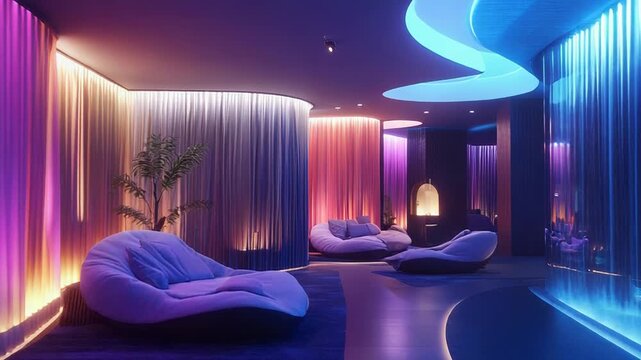 Futuristic spa interior design with chromotherapy lighting and water feature